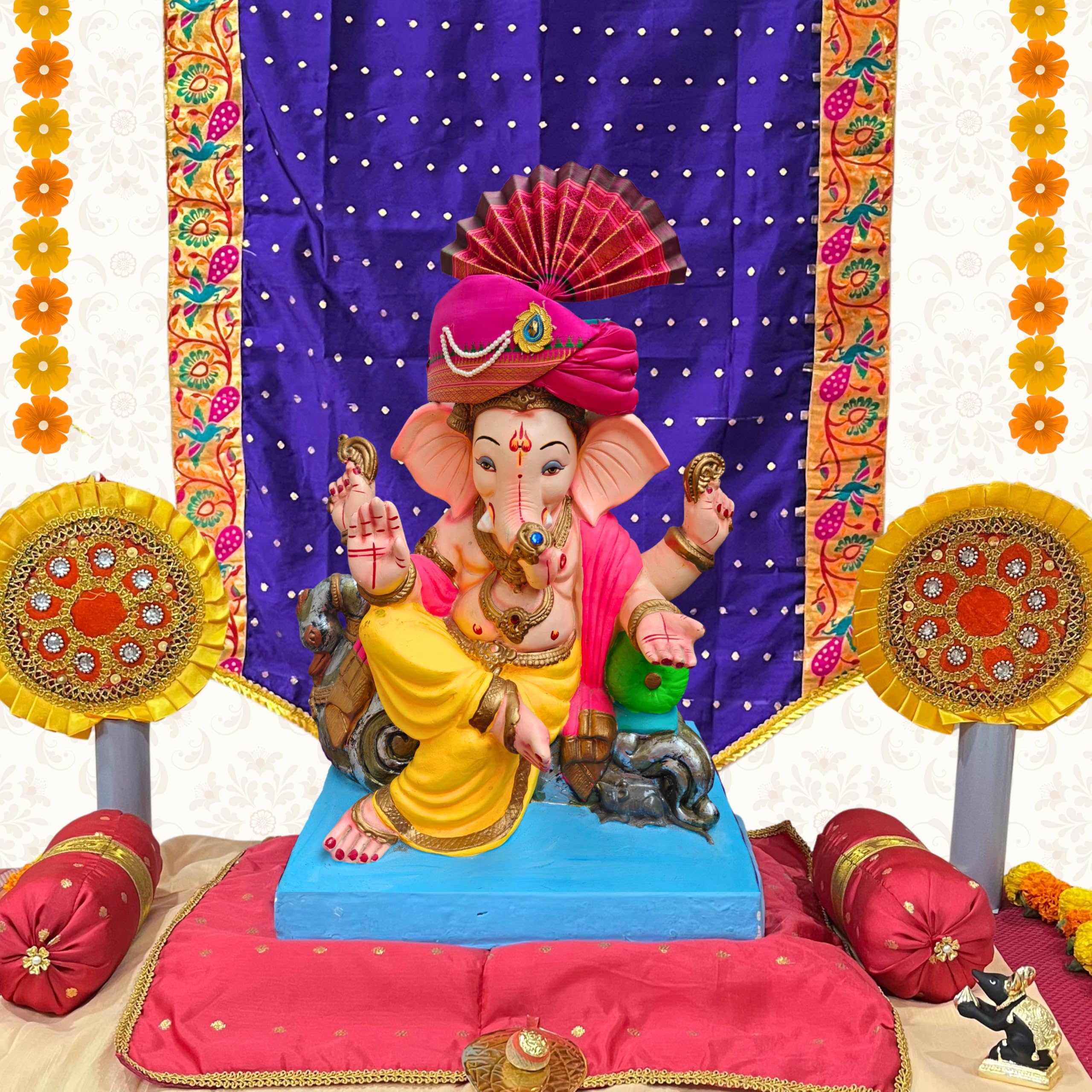 Punyatva Ganpati Feta Mukut (Turban, Silk, Pink) / Ganesh Pheta/Gauri Ganpati Festival Decoration Accessories/Ganpati Jewellery/